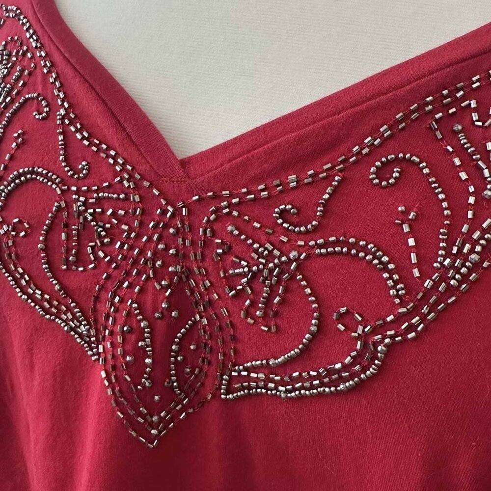 Venezia Red Beaded Sparkle V-Neck Top, 22/24